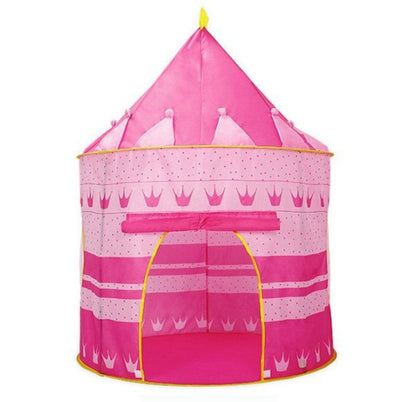 Pink children's play tent with castle design on a white background