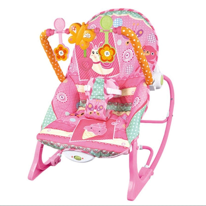 Pink baby bouncer with butterfly design on a white background