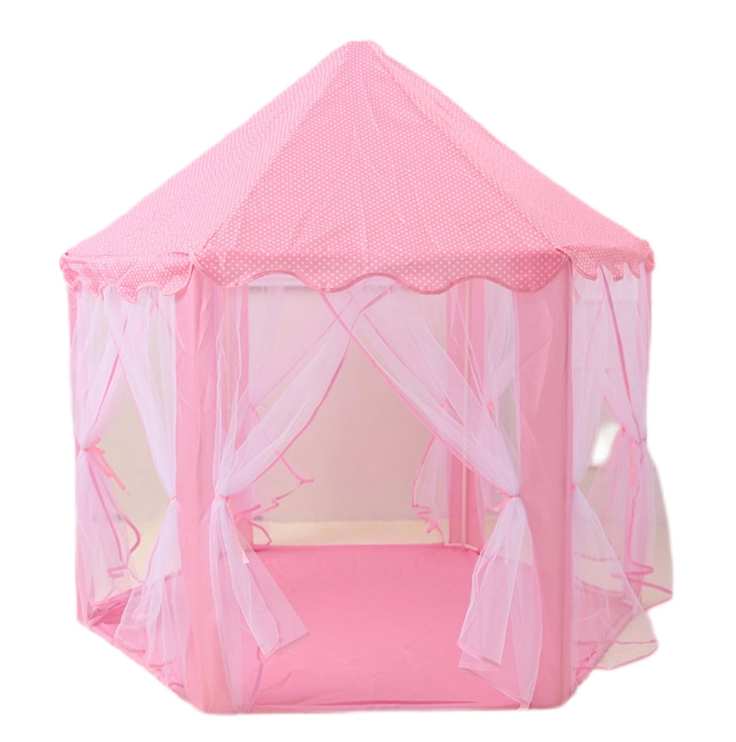 Pink children's play tent with a pointed roof, mesh walls, sheer curtain panels tied at the sides, and a pink floor, shown on a plain white background.