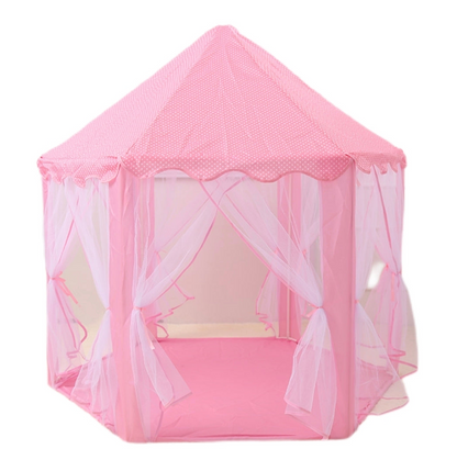 Pink children's play tent with a pointed roof, mesh walls, sheer curtain panels tied at the sides, and a pink floor, shown on a plain white background.