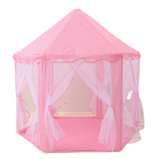 Pink children's play tent with a pointed roof, mesh walls, sheer curtain panels tied at the sides, and a pink floor, shown on a plain white background.
