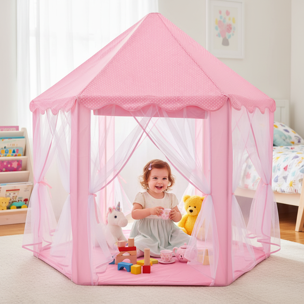 A young child sits inside a pink play tent with sheer mesh walls and a pointed roof, set in a bright nursery. The tent has scalloped trim and a pink floor, with toys and stuffed animals placed inside.