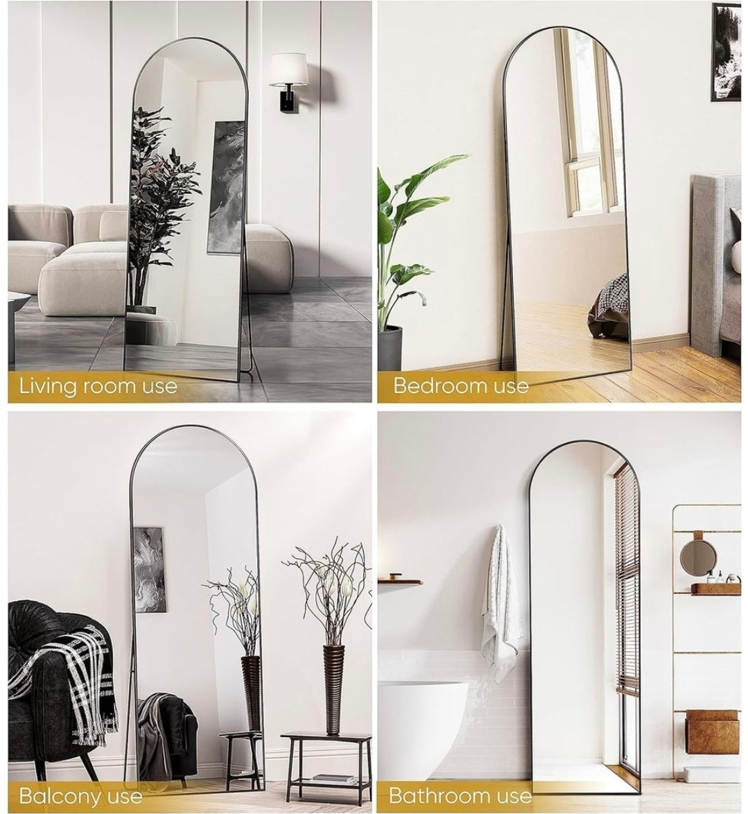Four-panel collage showing an arched full-length floor mirror in different interior settings: living room, bedroom, balcony, and bathroom. Each panel shows the mirror installed in a real room with furniture, plants, and decor, labeled with the use case.