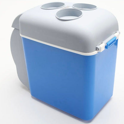 Blue and gray storage container with cup holders on a white background