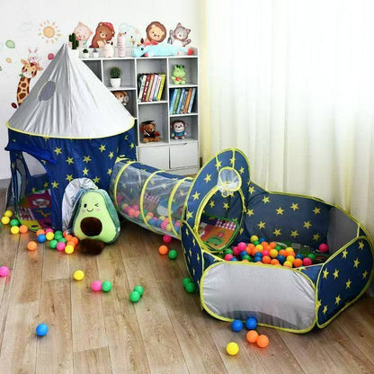 Children's play area with a star-themed play tent, tunnel, and ball pit on a wooden floor.