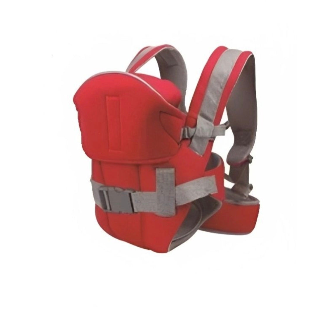 Red baby carrier with gray straps on a white background
