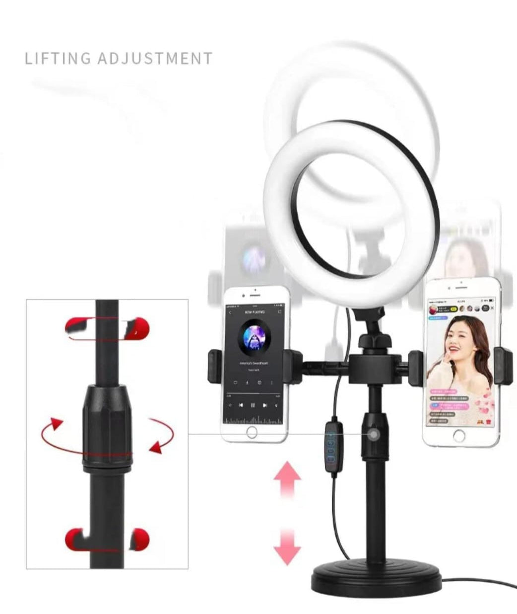 Ring light with smartphone holder and lifting adjustment feature on a white background