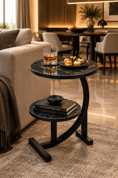 Double Layer Round Side Table | C-Shaped Sofa End Table with Iron Frame