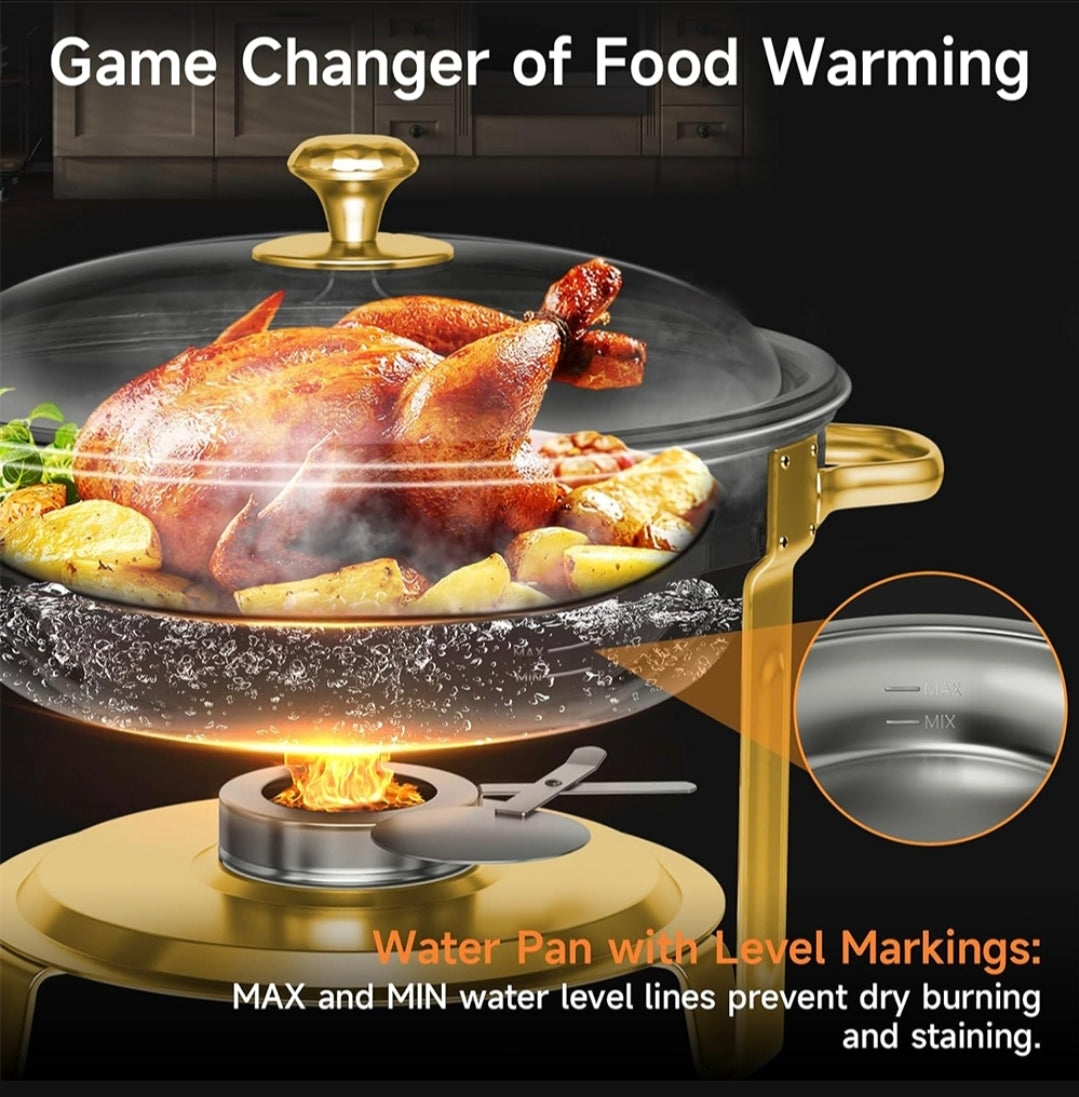 5L Stainless Steel Chafing Dish with Glass Lid | Gold & Silver Buffet Food Warmer