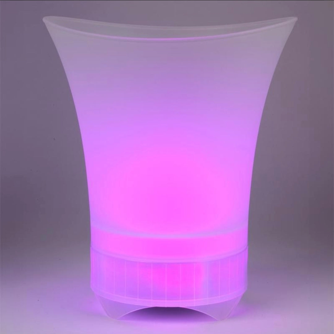 Transparent plastic chair with purple LED lighting on a gray background