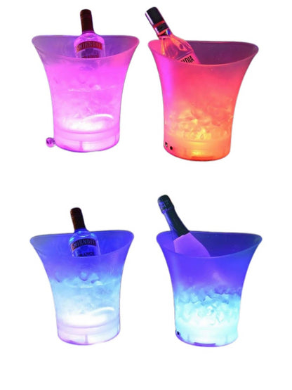 Set of four LED ice buckets in different colors with bottles inside on a white background