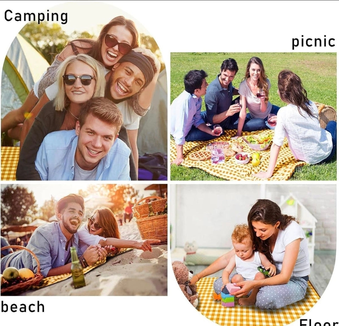 Collage of people enjoying camping, a picnic, and time on the beach.