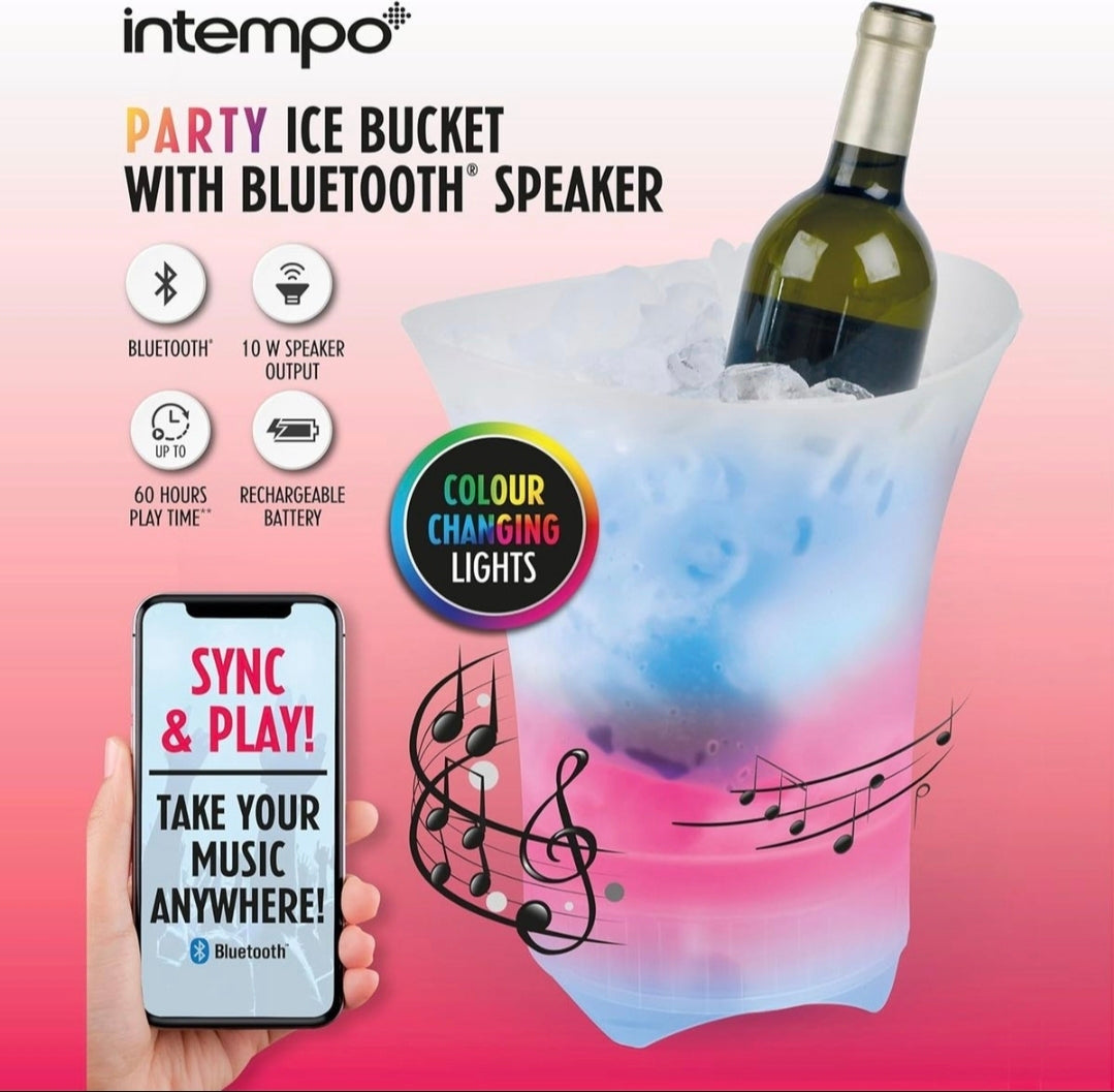Intempo party ice bucket with Bluetooth speaker featuring a wine bottle and smartphone.