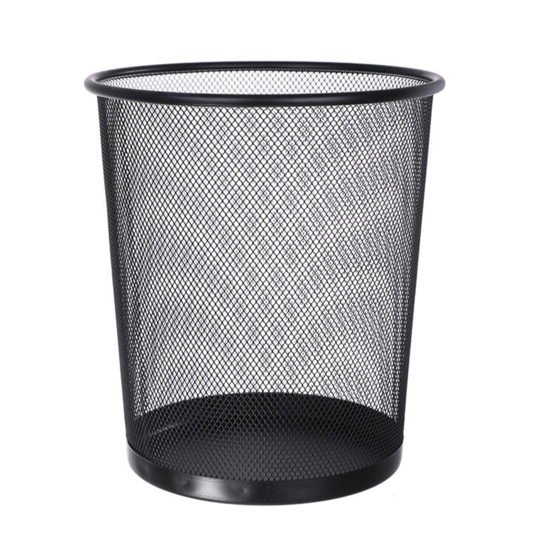 A black metal mesh wastebasket with a solid black rim and base, shown on a plain white background.