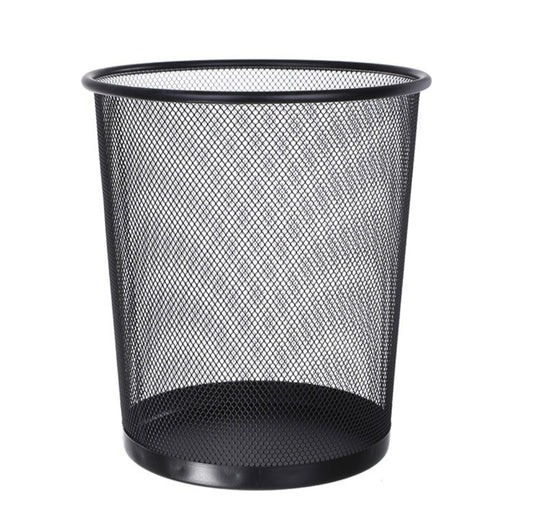 A black metal mesh wastebasket with a solid black rim and base, shown on a plain white background.