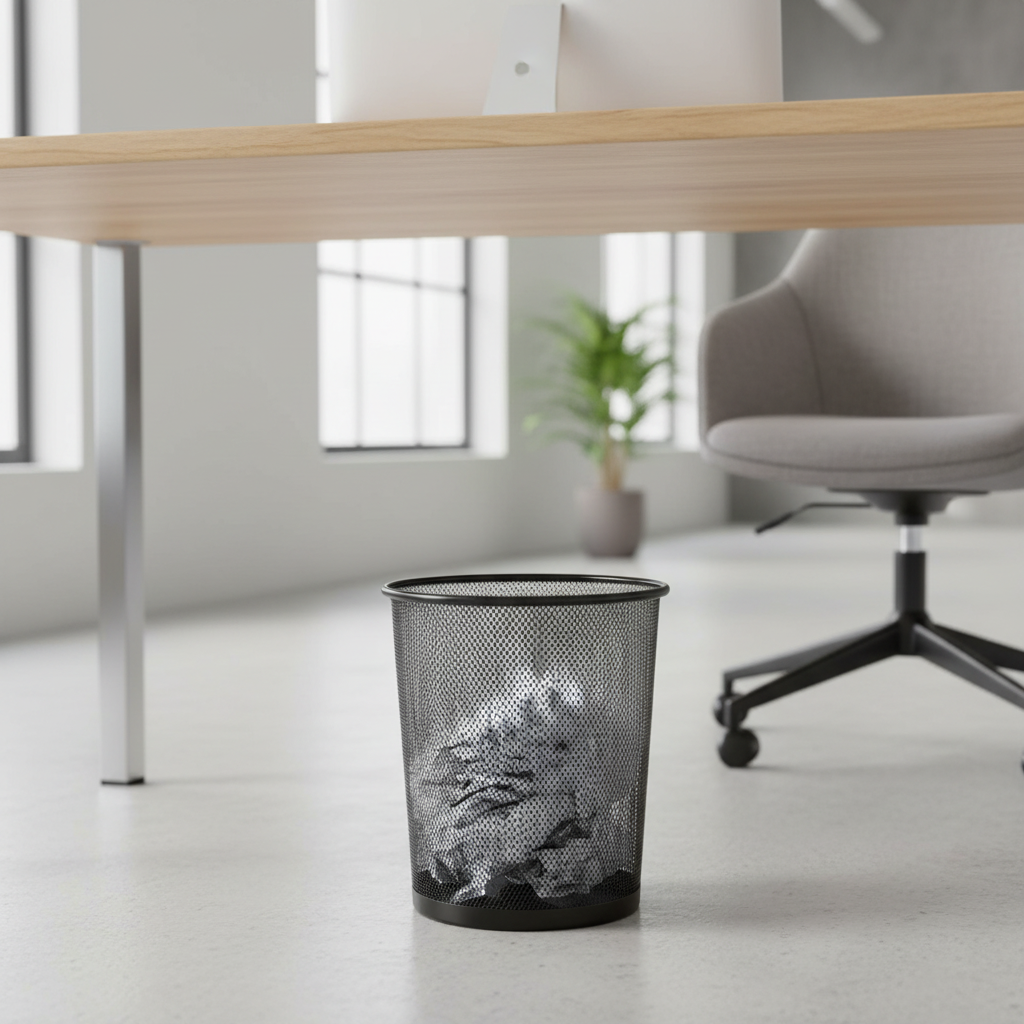 A black metal mesh wastebasket filled with crumpled paper on a light gray floor beneath a wooden desk in a bright office setting.