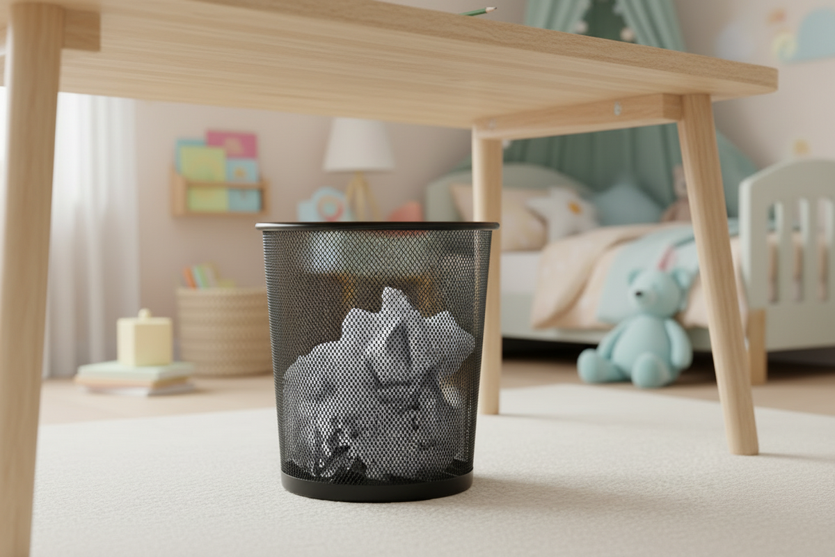 A black mesh wastebasket filled with crumpled paper, placed on a light carpet beneath a wooden table in a softly lit children's bedroom.