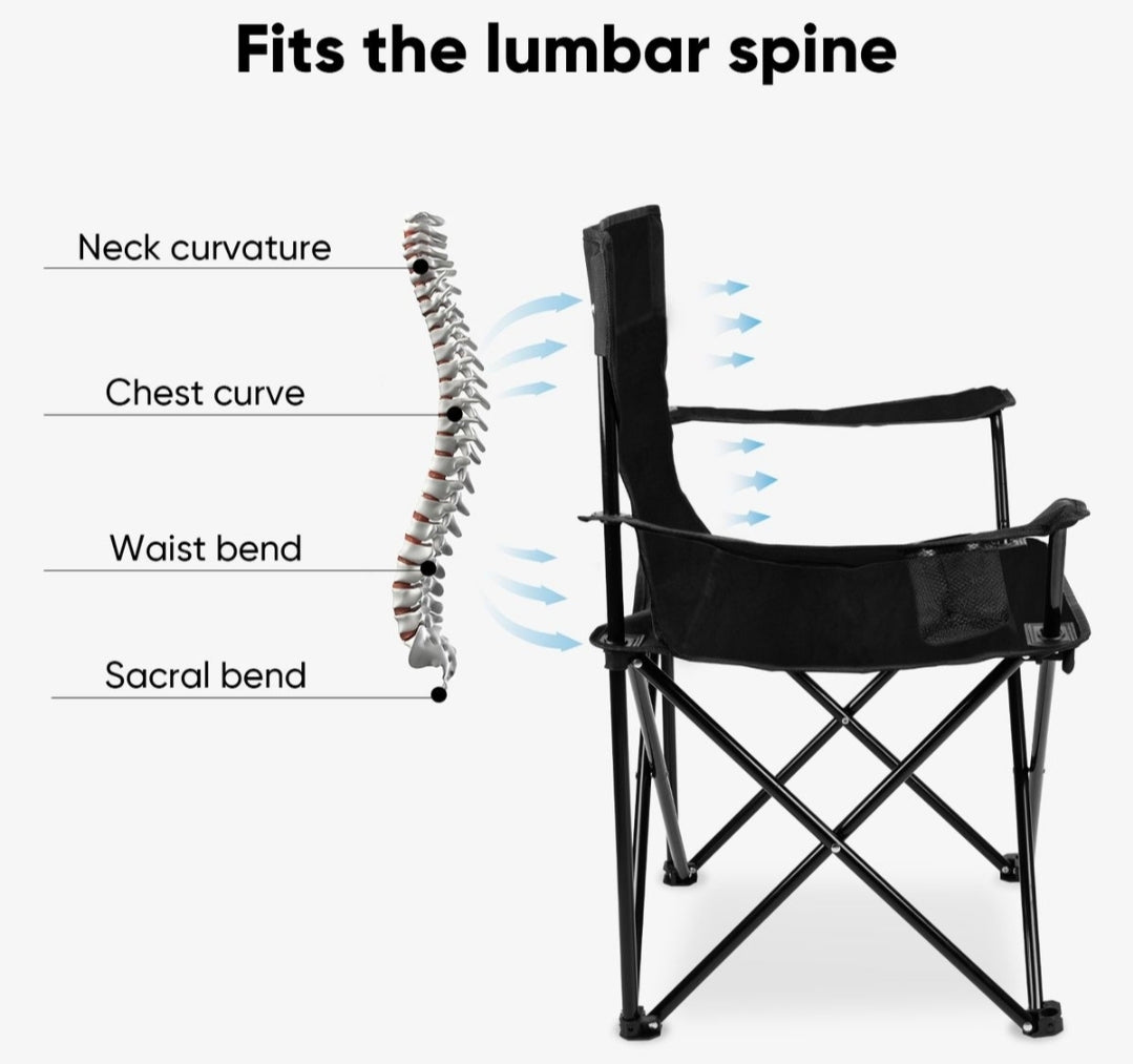 Black chair with a spine diagram showing how it fits the lumbar spine on a white background.