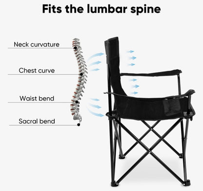 Black chair with a spine diagram showing how it fits the lumbar spine on a white background.