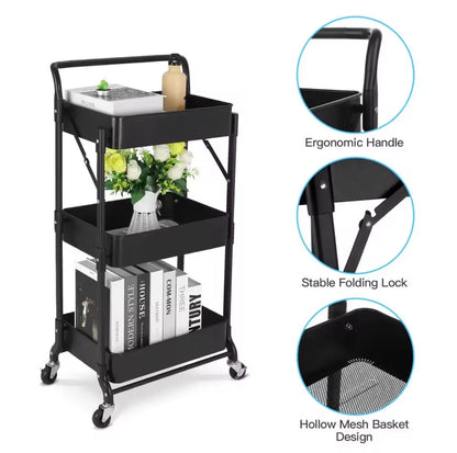 A black three-tier rolling storage cart with wheels, shown on a white background with three circular detail callouts highlighting the ergonomic handle, stable folding lock, and hollow mesh basket design.