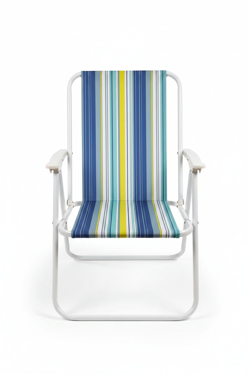 Striped folding table with white frame on a carpeted floor
