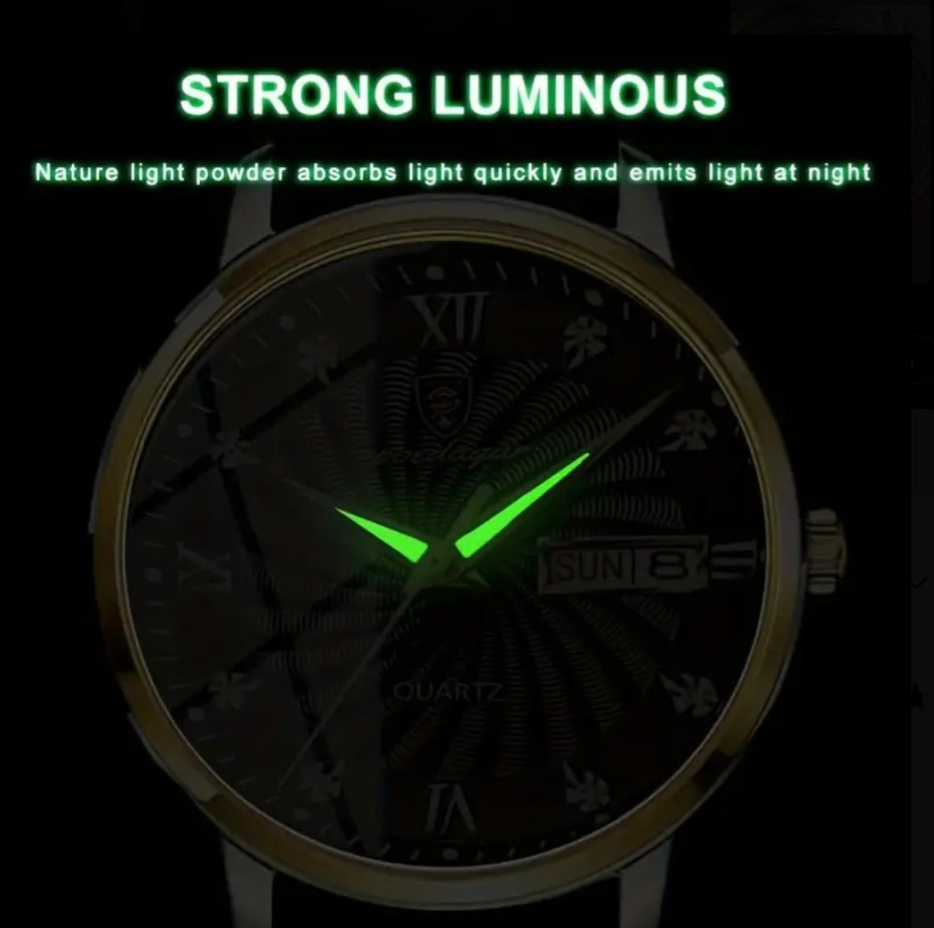Men's Leather Strap Watch - 3ATM Water Resistant with Luminous Hands