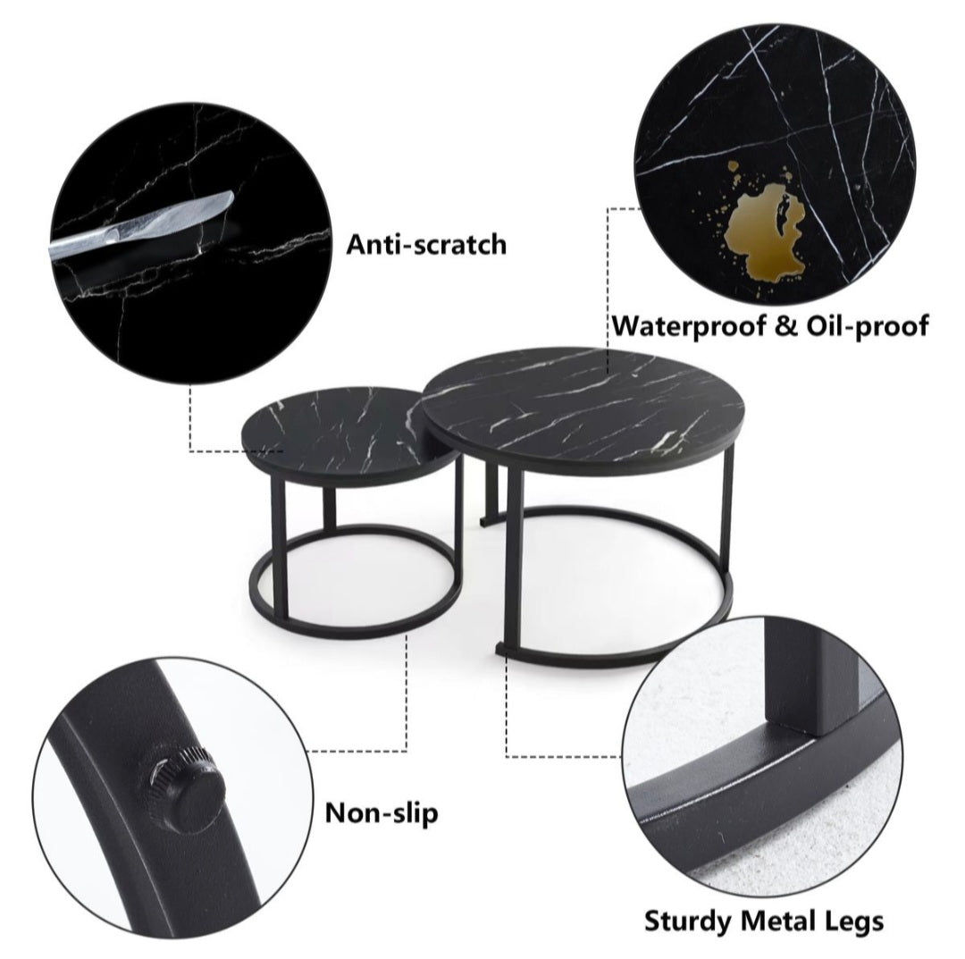 Black marble coffee table with features highlighted on a white background