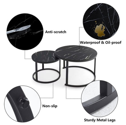 Black marble coffee table with features highlighted on a white background