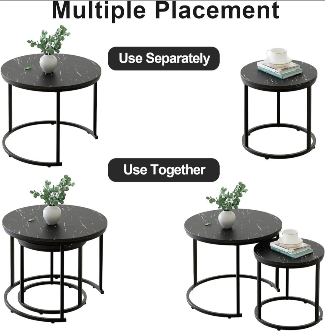 Set of round side tables with marble-like tops and black metal frames, shown in multiple placements.