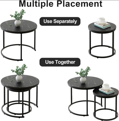 Set of round side tables with marble-like tops and black metal frames, shown in multiple placements.