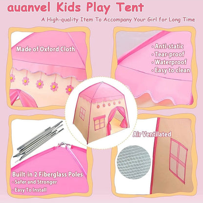 Pink kids play tent with features listed on a light pink background