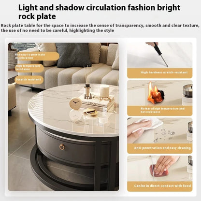 Round coffee table with light-colored top and dark base in a living room setting, featuring text about its features.