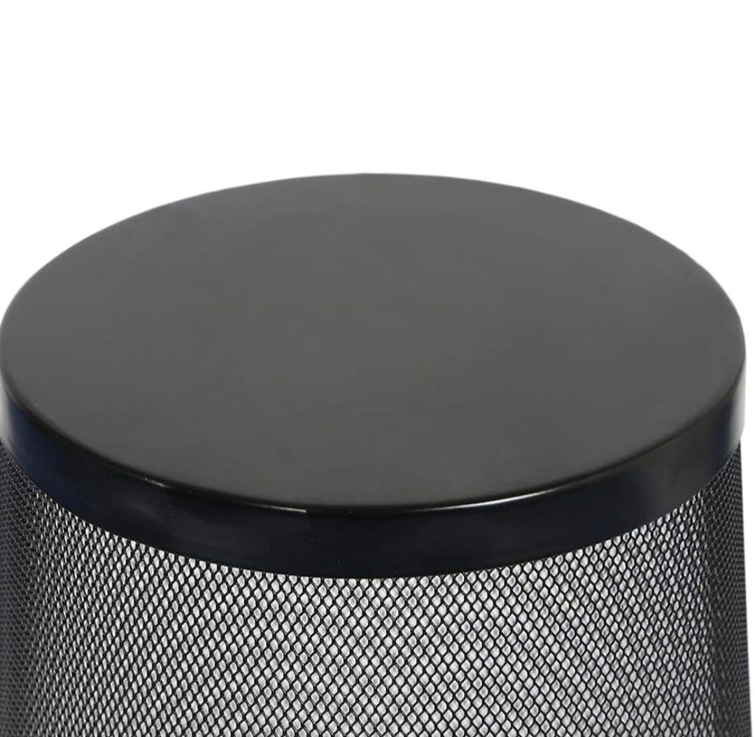 Close-up of a black cylindrical mesh basket or container with a smooth circular top, shown against a plain white background.
