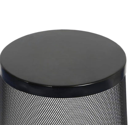Close-up of a black cylindrical mesh basket or container with a smooth circular top, shown against a plain white background.