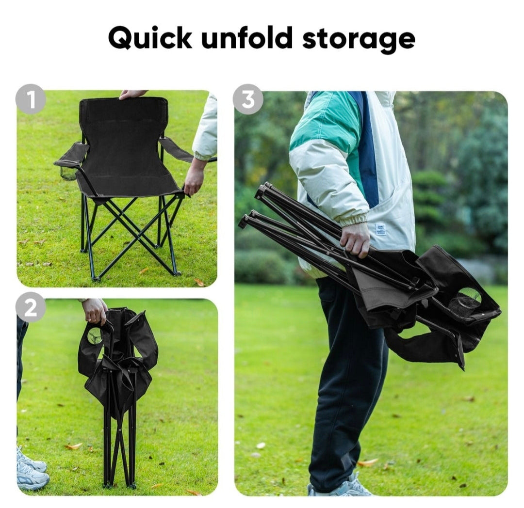 Step-by-step process of unfolding and carrying a folding chair on grass.