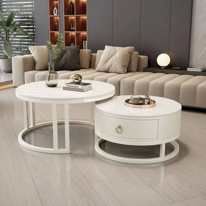 Modern Marble-Look Round Nesting Coffee Table Set with Storage Drawer
