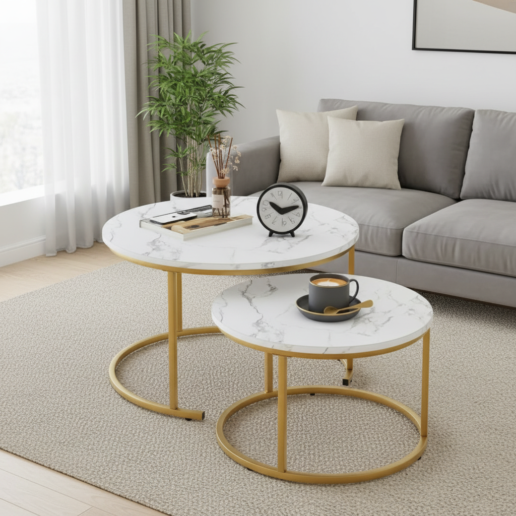 Two round nesting coffee tables with white marble-patterned tops and gold metal bases, styled in a bright living room with a gray sofa, rug, plant, and tabletop decor.