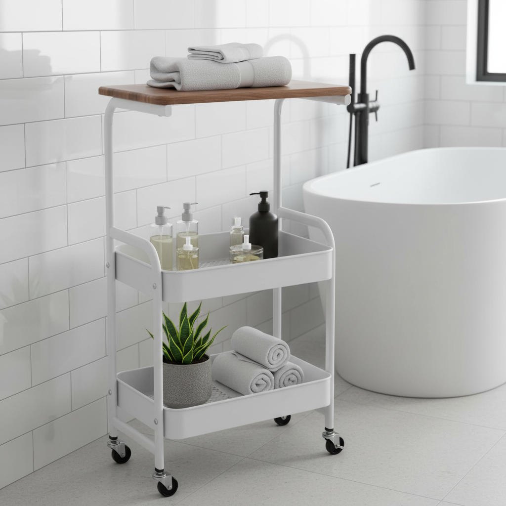 A white three-tier rolling bathroom cart with a wooden top shelf, styled with towels, toiletries, and a small potted plant, positioned next to a white freestanding bathtub in a bright tiled bathroom.