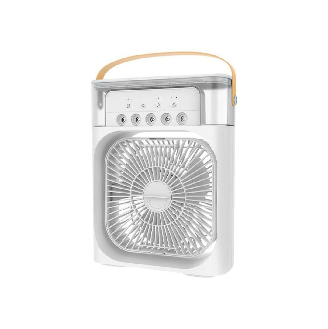 Portable fan with a white body and gold handle on a white background