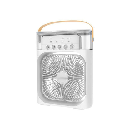 Portable fan with a white body and gold handle on a white background