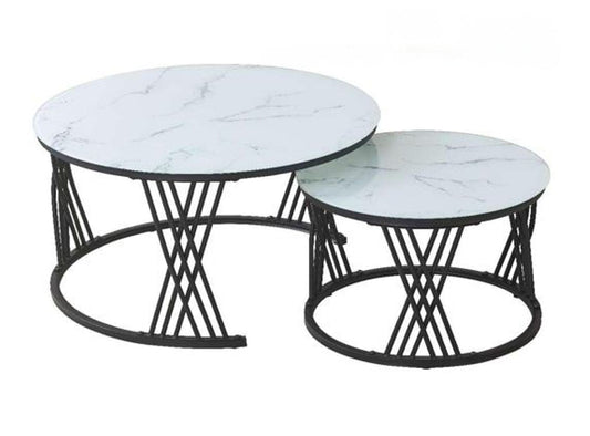 Two marble top coffee tables with black metal bases on a white background