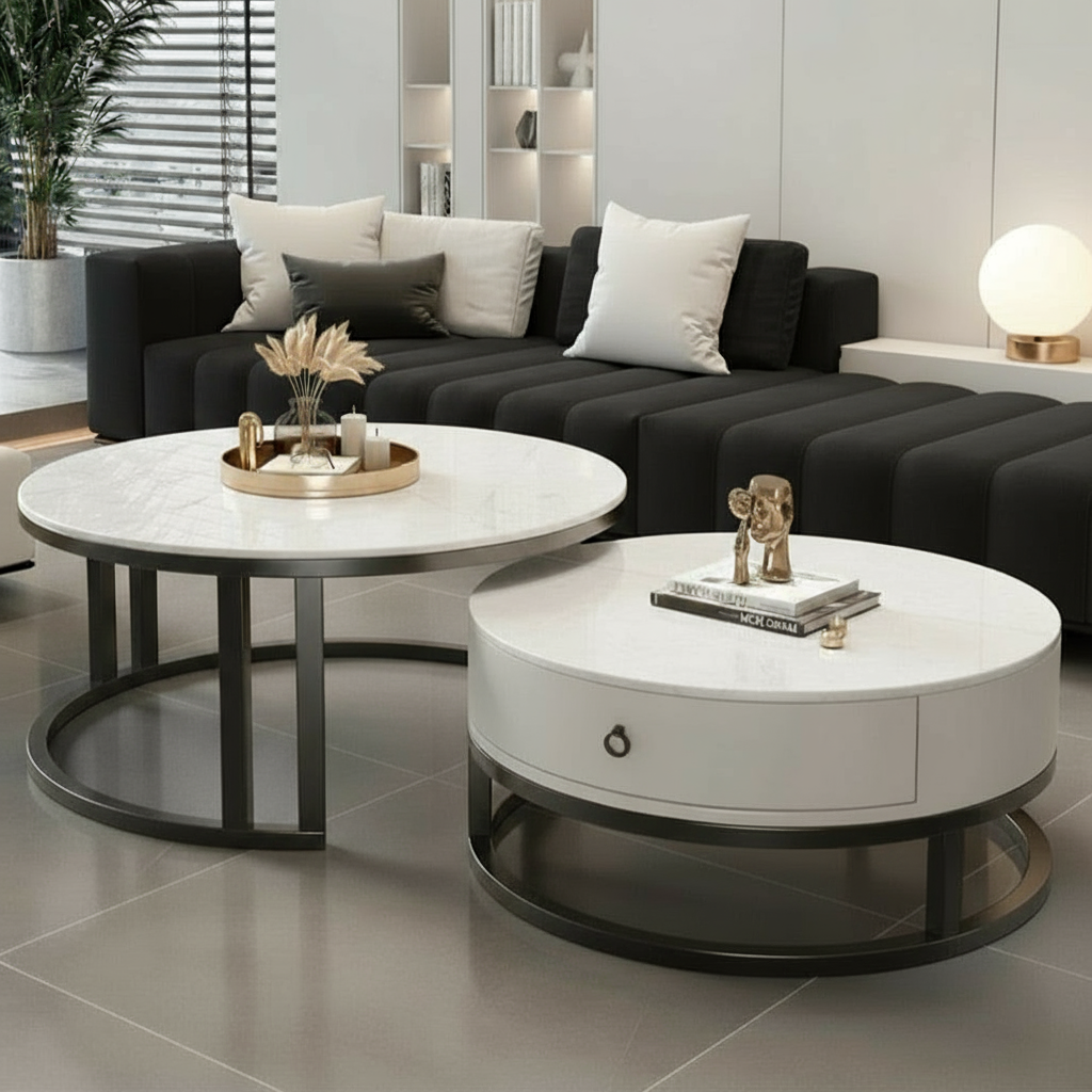 Modern living room with black sofa, round white coffee tables, and decorative items.