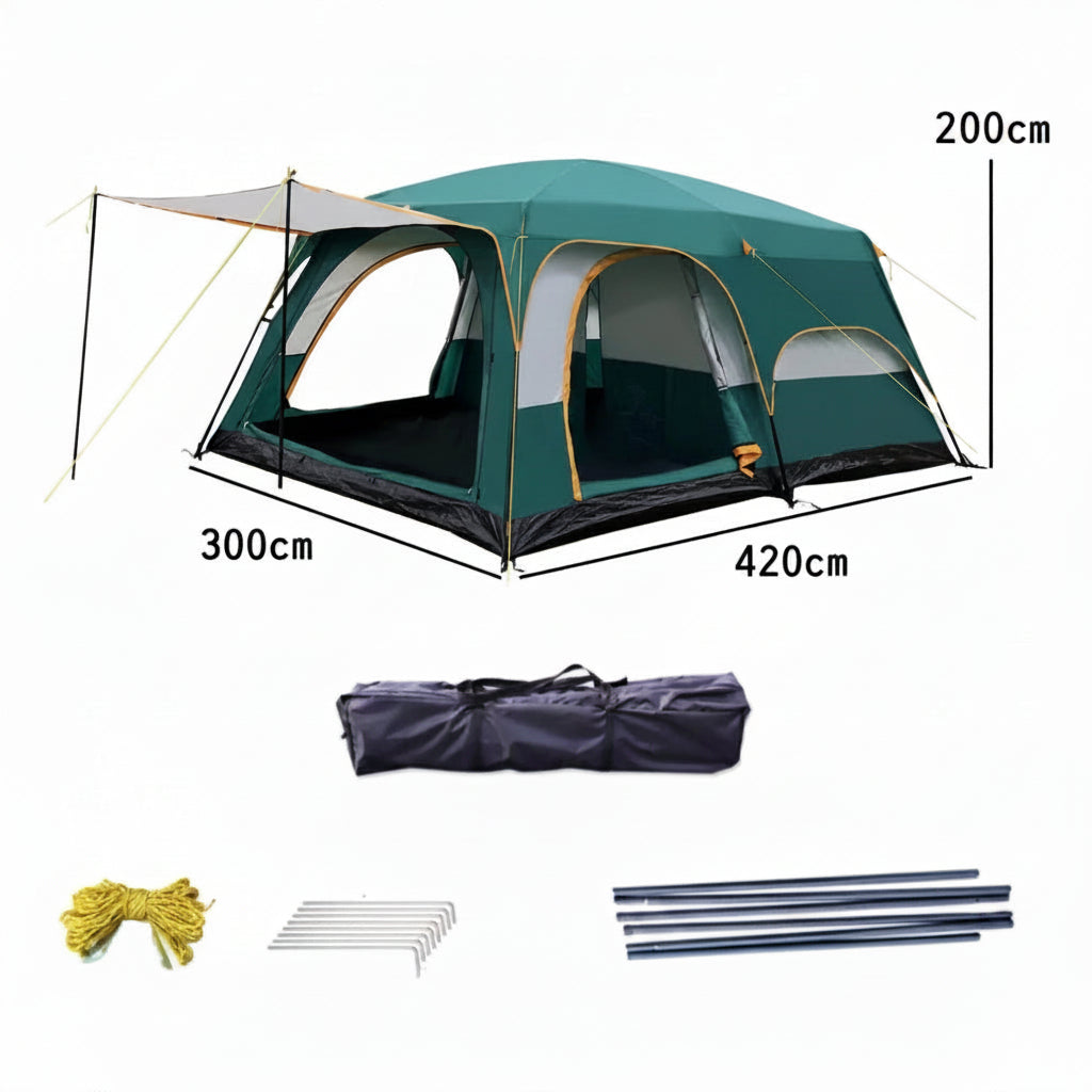 Green and gray outdoor camping tent shown with dimension labels (210cm, 330cm, 180cm), plus included accessories below on a white background: a packed carry bag, yellow rope, metal stakes, and tent poles.