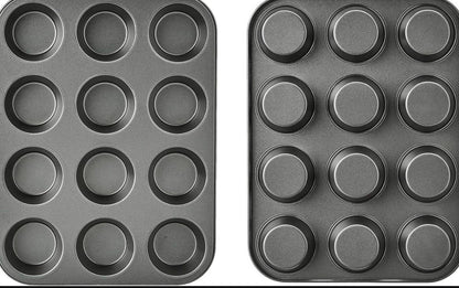 Two dark gray non-stick 12-cup muffin pans shown side by side against a white background, with a large black block obscuring the lower half of the image.