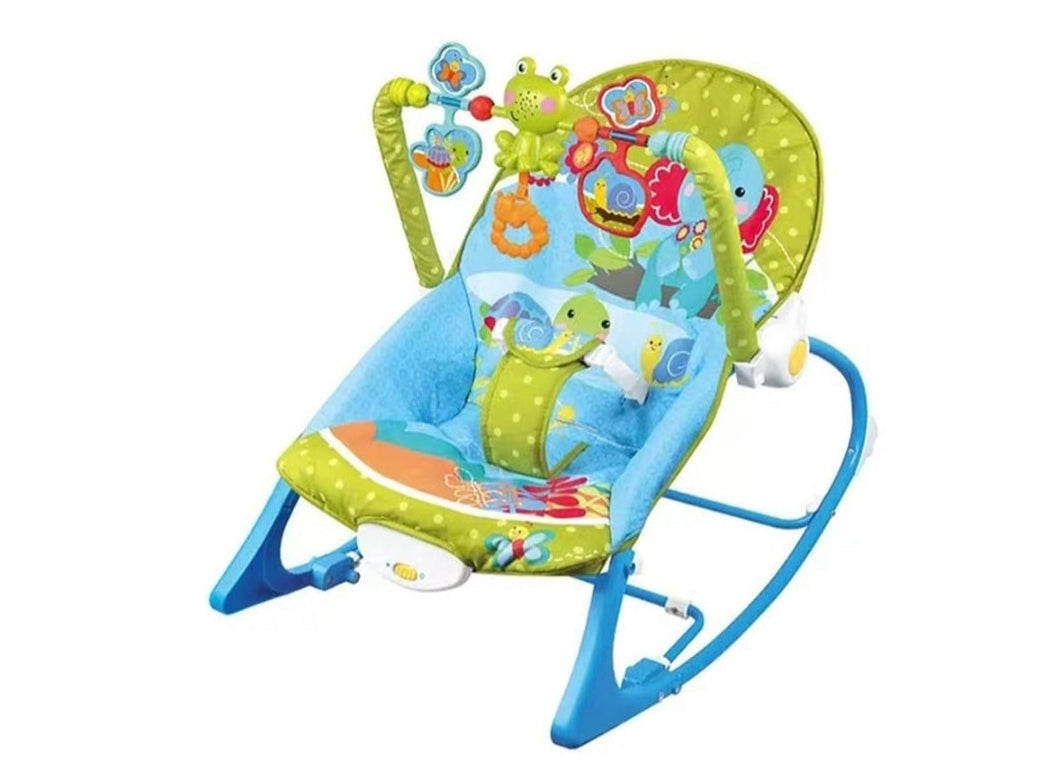 Colorful baby bouncer with animal designs on a white background