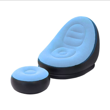Inflatable chair with blue interior and black exterior on a white background
