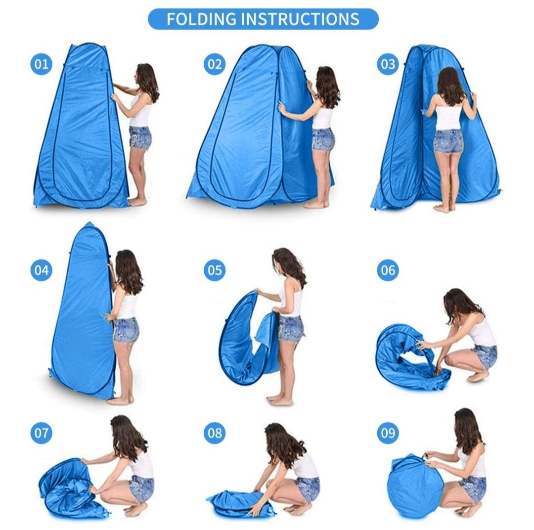 Step-by-step folding instructions for a blue garment bag with a person demonstrating each step.