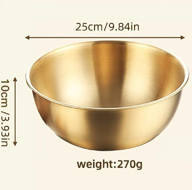 Gold bowl with measurements and weight displayed on a beige background