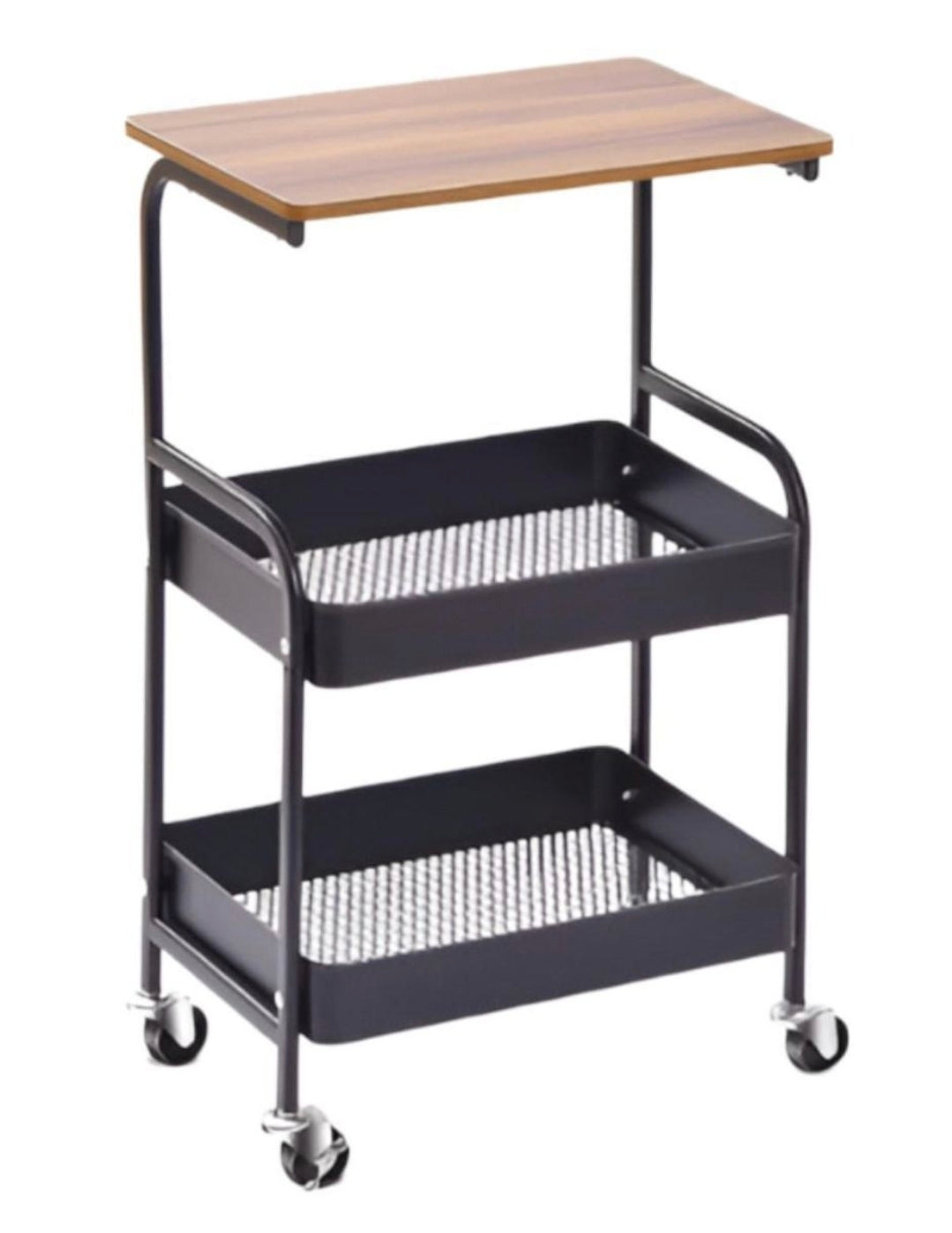 Three-tiered rolling cart with wooden top on a white background