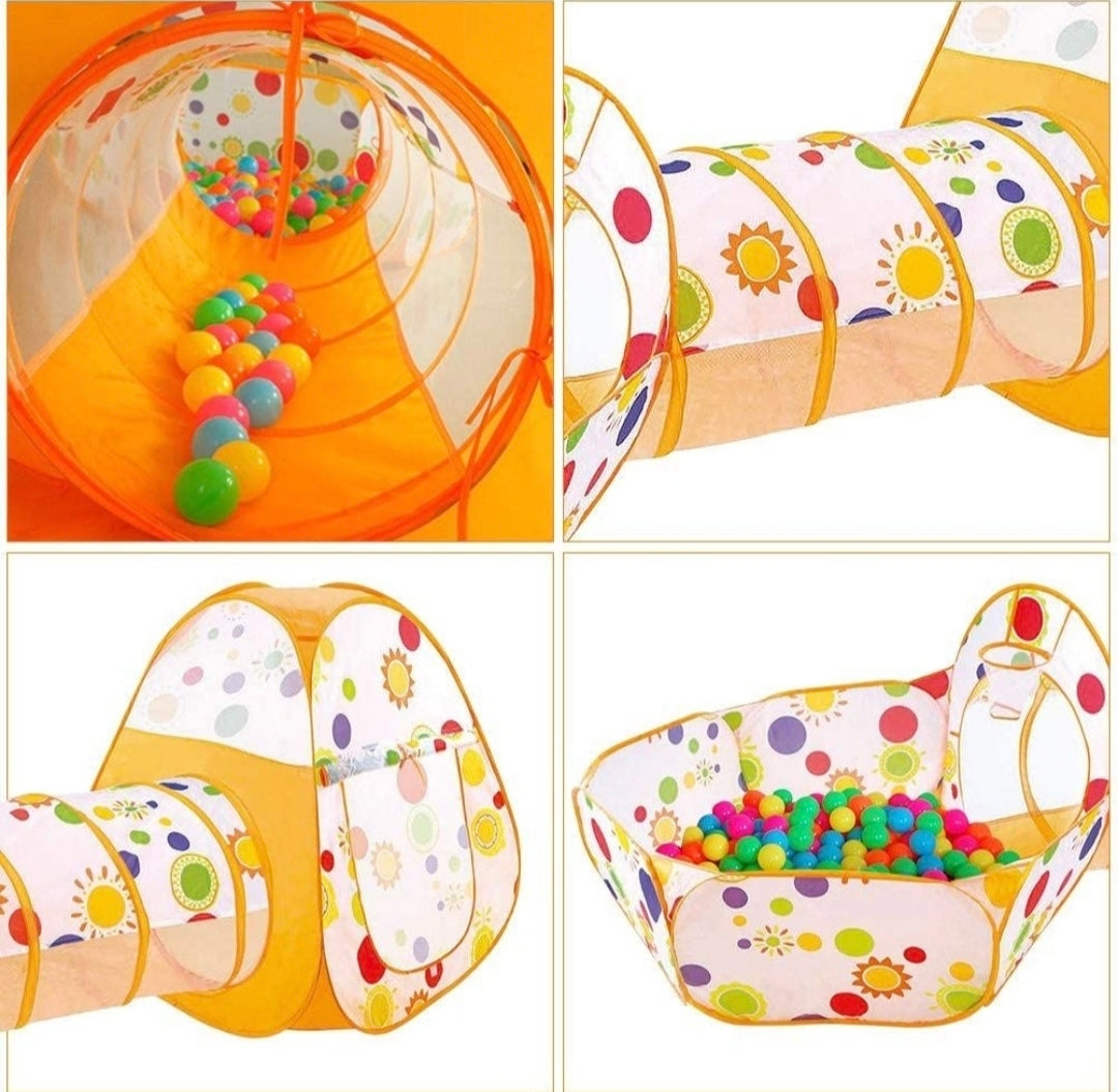 Colorful children's play tunnel with ball pit on a white background